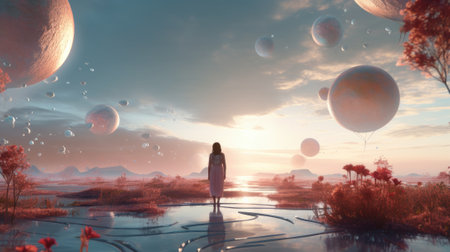 A man stands on the surface of an alien planet and looks at a circle of neon. Silhouette against the backdrop of a fantastic landscape.の素材