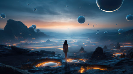 A man stands on the surface of an alien planet and looks at a circle of neon. Silhouette against the backdrop of a fantastic landscape.の素材