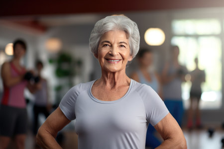 Sport In Mature Age. Happy senior woman doing stretching exercises in front of laptop at home, watching online tutorials, free spaceの素材