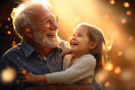 Cute little girl covering eyes with hands of her smiling senior grandfather while playing and having fun together at home, small happy child spending time with positive active grandpaの素材