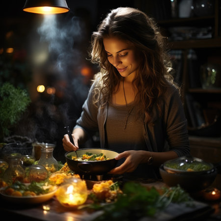 Happy smiling cute woman is preparing a fresh healthy vegan salad with many vegetables in the kitchen, Gnerative AIの素材