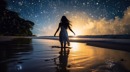 A girl in a dress stands on a sandy beach near the sea on a starry nightの素材