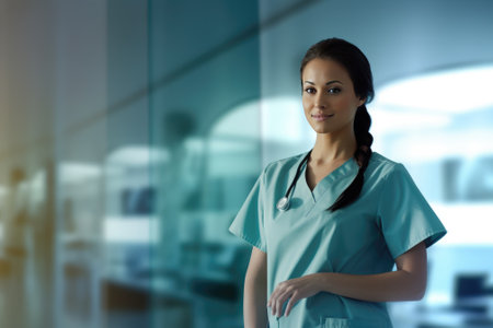 Waist up portrait of young female doctor while standing in reception area of modern clinic, Gnerative AIの素材