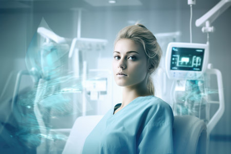 A photograph of a patient lying in a hospital bed, surrounded by robots, with a team of doctors and nurses caring for them. Generative AIの素材