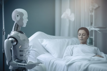 A photograph of a patient lying in a hospital bed, surrounded by robots, with a team of doctors and nurses caring for them. Generative AIの素材