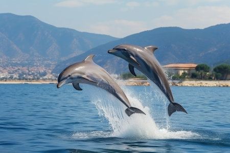 Dolphin swims in the blue sea in a picturesque place, Generative AIの素材