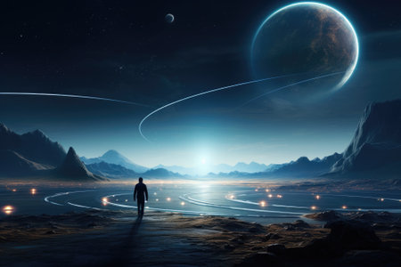 A man stands on the surface of an alien planet and looks at a circle of neon. Silhouette against the backdrop of a fantastic landscape.の素材