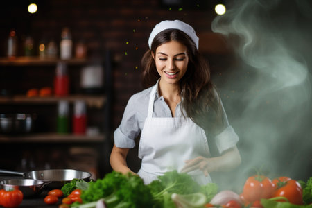 Happy smiling cute woman is preparing a fresh healthy vegan salad with many vegetables in the kitchen, Gnerative AIの素材