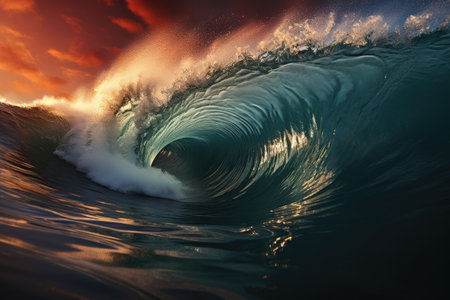 Magnitude and force as colossal waves rise and surge, creating a scene of chaos and destruction. The photograph showcases the intensity of the ocean's fury, with towering walls of water engulfing everything in their path.の素材