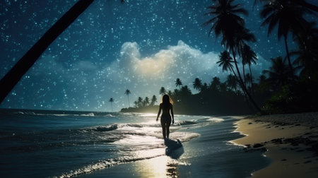 A girl in a dress stands on a sandy beach near the sea on the sunriseの素材