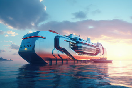 The ship's sleek and streamlined design, combined with advanced technology, gives it a distinct and futuristic appearance. Its massive size and impressive cargo capacity are evident, highlighting its role in transporting goods and supplies across vast distances.の素材