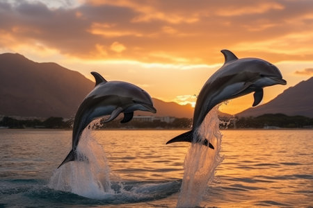 Dolphin swims in the blue sea in a picturesque place, Generative AIの素材