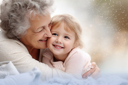Grandma and grandson spend beautiful time together, they are happy and enjoy themselves. The child hugs her with a lot of love. Happy grandmother with her grandson in the house.の素材
