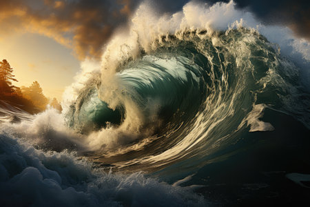 Magnitude and force as colossal waves rise and surge, creating a scene of chaos and destruction. The photograph showcases the intensity of the ocean's fury, with towering walls of water engulfing everything in their path.の素材