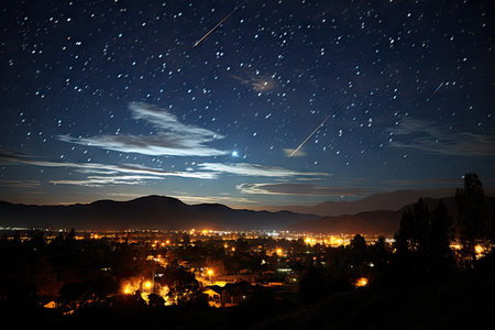 Countless meteors streak through the darkness, leaving trails of light in their wake. The sheer intensity of the meteorite shower creates a spectacle of cosmic beauty and awe.の素材