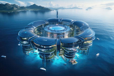 Futuristic environmentally friendly power plant of the future in the ocean, Revolutionizing Water Energy Systems with Full Automation. Efficiency and Comfort of Fully Automated Modern Water Energy Systemsの素材