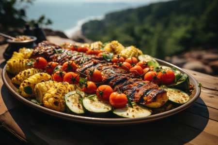 Fried salmon steak with potatoes and vegetables on wooden tableの素材