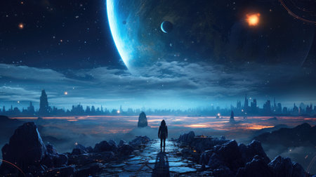 A man stands on the surface of an alien planet and looks at a circle of neon. Silhouette against the backdrop of a fantastic landscape.の素材