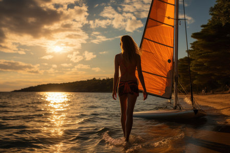 Windsurfer girl is getting ready for an exciting windsurfing session. With the sun shining in the background, she carefully prepares her windsurfing board for a thrilling ride on the sparkling water.の素材