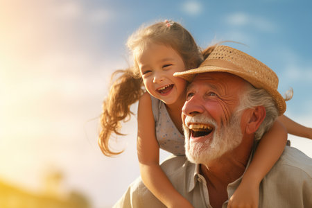 Cute little girl covering eyes with hands of her smiling senior grandfather while playing and having fun together at home, small happy child spending time with positive active grandpaの素材