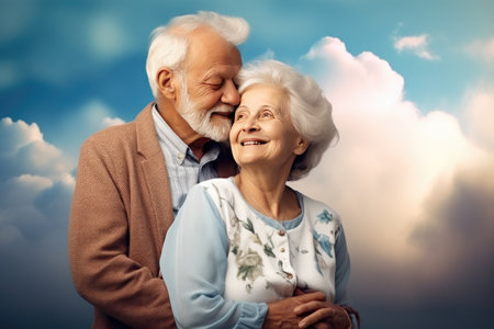 Senior, couple and old man and woman hug with love, care and support outside their home or house. Lovers, pensioners and elderly people enjoying retirement together with happiness in marriageの素材
