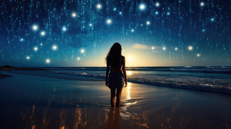 A girl in a dress stands on a sandy beach near the sea on a starry nightの素材