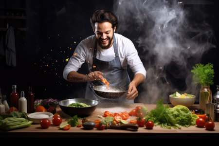 cooking, culinary and people concept - happy smiling male chef in toque and jacket over gray backgroundの素材