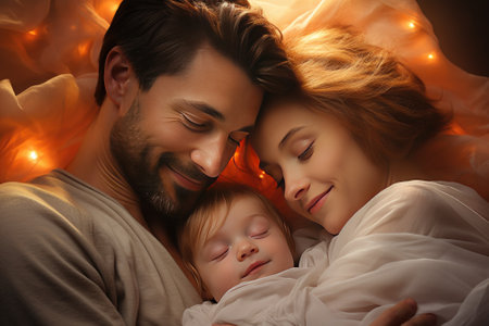 Portrait Of Happy Parents Posing With Their Little Daughter At Home Gnerative AIの素材