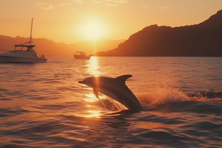 Dolphin swims in the blue sea in a picturesque place, Generative AIの素材