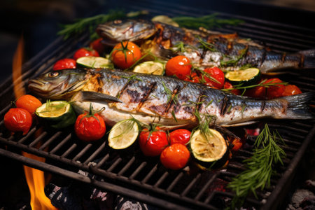 Fried salmon steak with potatoes and vegetables on wooden tableの素材
