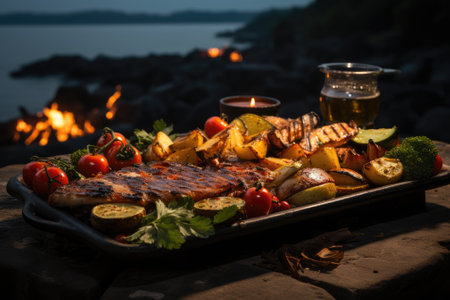 Fried salmon steak with potatoes and vegetables on wooden tableの素材