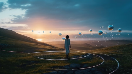 A man stands on the surface of an alien planet and looks at a circle of neon. Silhouette against the backdrop of a fantastic landscape.の素材