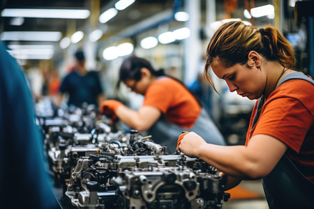 The photograph beautifully depicts the precision and focus of the operators as they control and monitor the machinery. The scene exudes a sense of productivity and efficiency, highlighting the essential role of machine operators in modern production processes.の素材