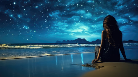 A girl in a swimsuit sits on a sandy beach near the sea in the starry nightの素材