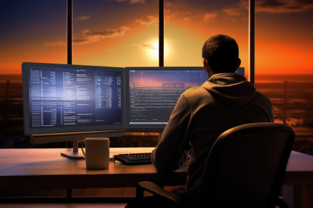 Program development concept. Portrait of a programmer in the modern computer world Gnerative AIの素材