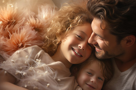 Portrait Of Happy Parents Posing With Their Little Daughter At Home Gnerative AIの素材
