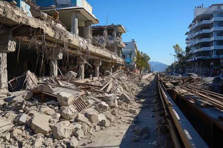 Consequences of seismic activity are visible, revealing collapsed buildings, cracked infrastructure, and scattered debris across the landscape. The photograph conveys a sense of both awe and destruction, highlighting the raw power of earthquakes and their ability to reshape the physical world.の素材