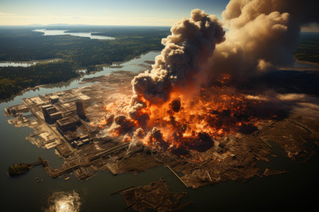 Power of nature and the devastating consequences of a nuclear disaster. The vivid colors and contrasting elements evoke a sense of danger and urgency. The image serves as a powerful reminder of the potential risks and the need for safety in the realm of nuclear energy.の素材