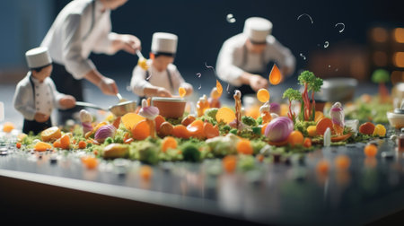 Miniature workers make food. Gnerative AIの素材