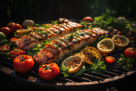 Fried salmon steak with potatoes and vegetables on wooden tableの素材