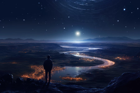 A man stands on the surface of an alien planet and looks at a circle of neon. Silhouette against the backdrop of a fantastic landscape.の素材