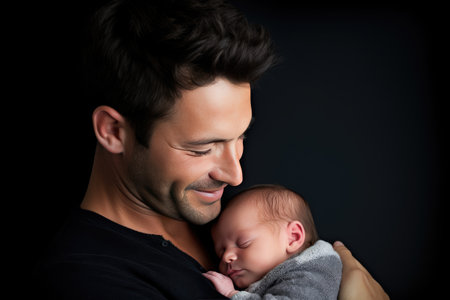 In this bright and realistic photograph, a young father cradles his newborn baby in his arms, capturing a beautiful moment of paternal love and bonding.の素材