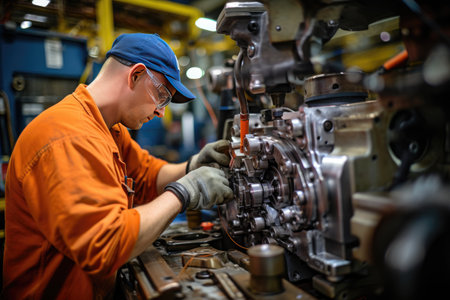 The photograph beautifully depicts the precision and focus of the operators as they control and monitor the machinery. The scene exudes a sense of productivity and efficiency, highlighting the essential role of machine operators in modern production processes.の素材
