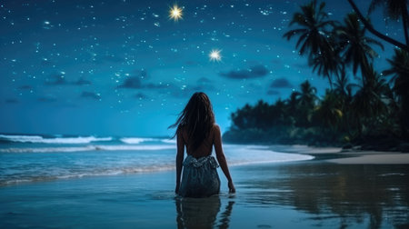A girl in a swimsuit sits on a sandy beach near the sea in the starry nightの素材