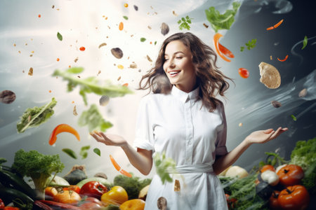 Happy smiling cute woman is preparing a fresh healthy vegan salad with many vegetables in the kitchen, Gnerative AIの素材