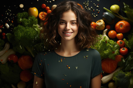 Cheerful woman carries different fresh vegetables keeps eyes closed smiles broadlyの素材