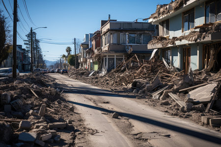 Consequences of seismic activity are visible, revealing collapsed buildings, cracked infrastructure, and scattered debris across the landscape. The photograph conveys a sense of both awe and destruction, highlighting the raw power of earthquakes and their ability to reshape the physical world.の素材