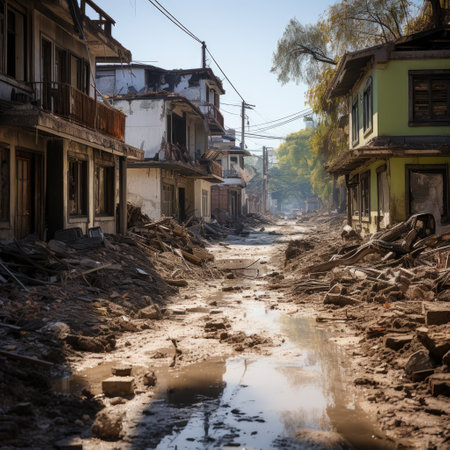 Consequences of seismic activity are visible, revealing collapsed buildings, cracked infrastructure, and scattered debris across the landscape. The photograph conveys a sense of both awe and destruction, highlighting the raw power of earthquakes and their ability to reshape the physical world.の素材