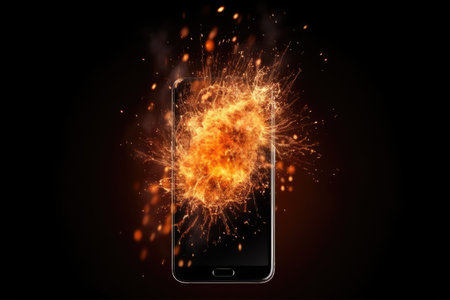 Depicting the serious issue of overheating and battery fires in mobile devices. Despite its serene appearance, the image reminds us of the challenges associated with smartphone battery safety.の素材