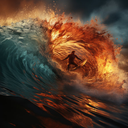 Surfer's fearless spirit as they navigate through the towering walls of water, defying the forces of nature. The dynamic composition, vivid colors, and realistic depiction create a sense of awe and excitementの素材